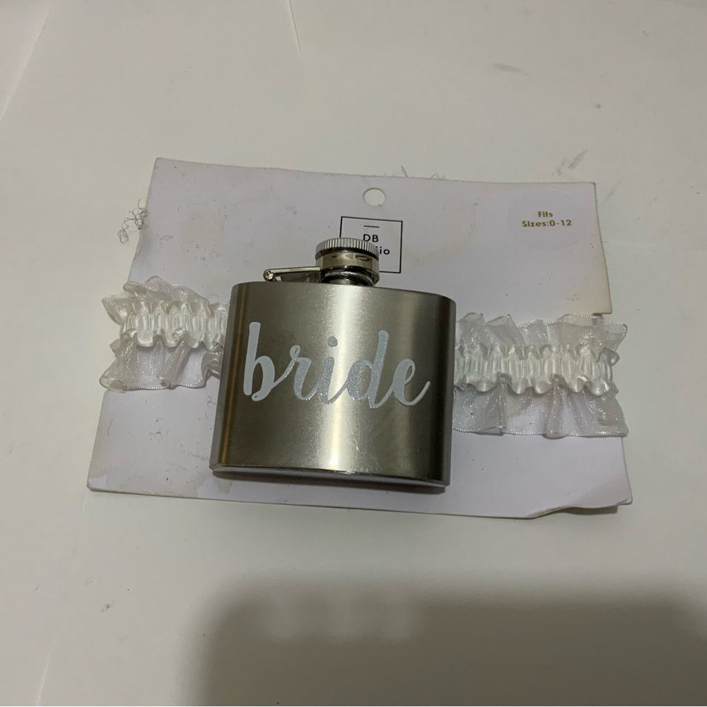 Davids Bridal Garter Stainless Steel Flask 3 oz Screw Cap - "BRIDE" New G2